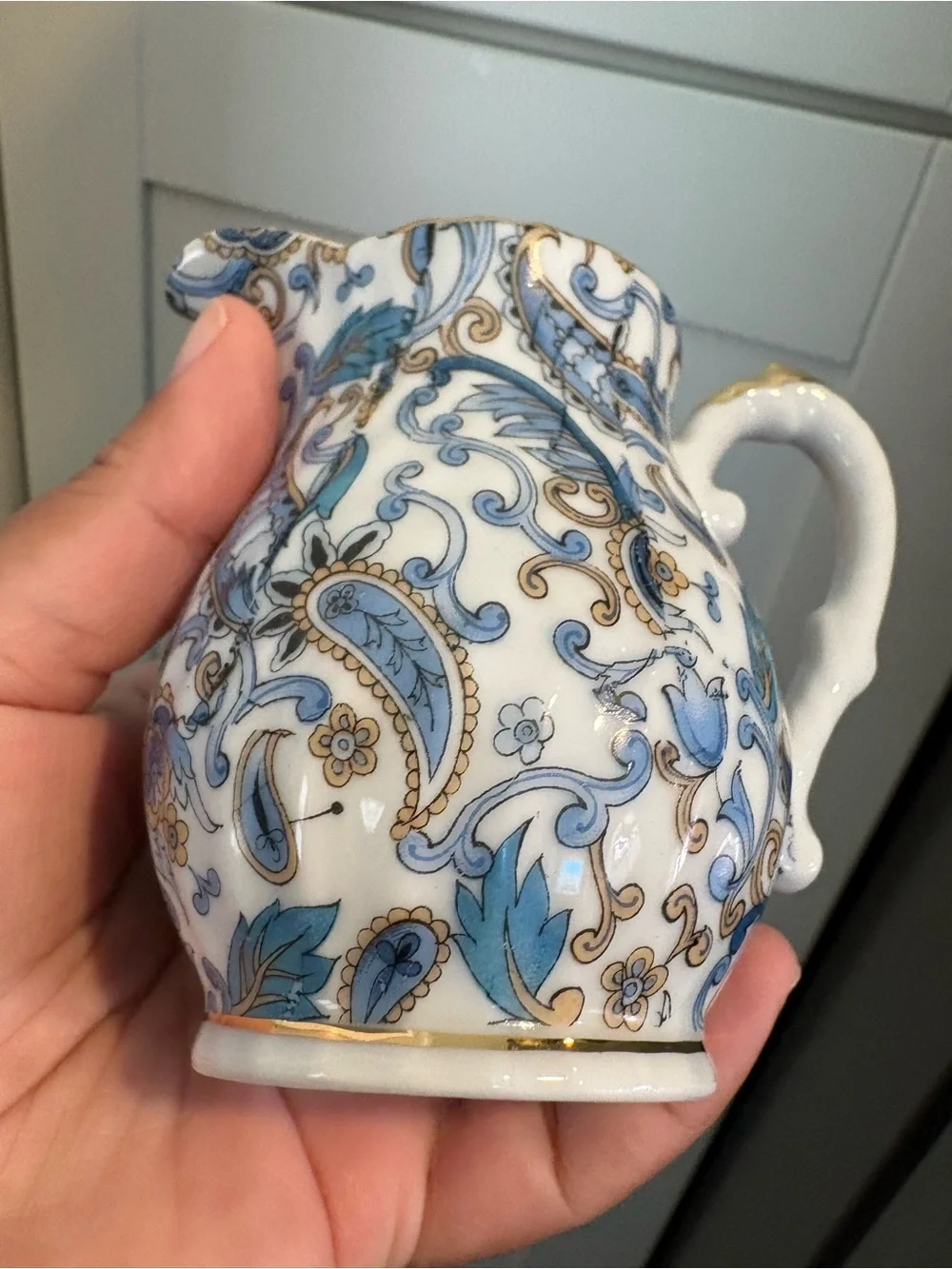 Vintage Lefton China 4-pc Set Blue Paisley Creamer & Sugar Bowl w/ Lid and S&P